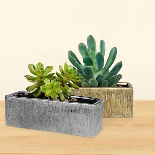 WGVI Long Rectangle Ceramic Planter Vase in Silver Etched 12" x 4" x 4"H, Block Rectangular Terrarium Box Pot, Flower Arrangement, Table top Centerpiece, Home Decor Storage Container, 1 Pc. - Image 3