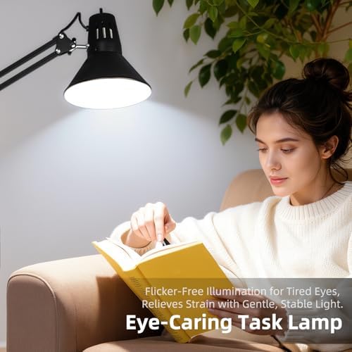 Black Desk Lamp with Clamp, Extra-Tall Adjustable Metal Swing Arm, 5000K - Image 5