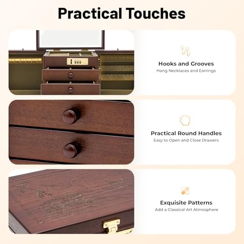Wooden Jewelry Box, 5 Layers with 4 Drawers Large Locking Jewelry Organizer, Watches Necklace Ring Storage Box for Women (Dark Brown) - Image 5