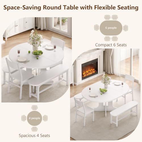 Einhomn 59" Extendable Round Dining Table Set for 4-6, 5-Piece Kitchen & Dining Room Table with 2 Chairs & 2 Benches, Wood Oval Dinner Table with Heavy Duty Pedestal Base, for Small Spaces, White - Image 7