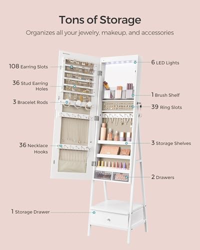 SONGMICS LED Mirror Jewelry Cabinet Armoire, Freestanding Lockable - Image 3