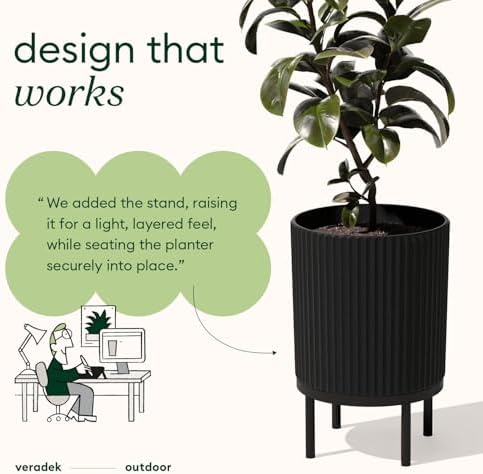 Veradek Demi Series Round Planter w/ Stand for Porch/Patio | Durable Plastic-Concrete & Wooden Stand | Modern Décor for Tall Plants, Flowers - Image 5