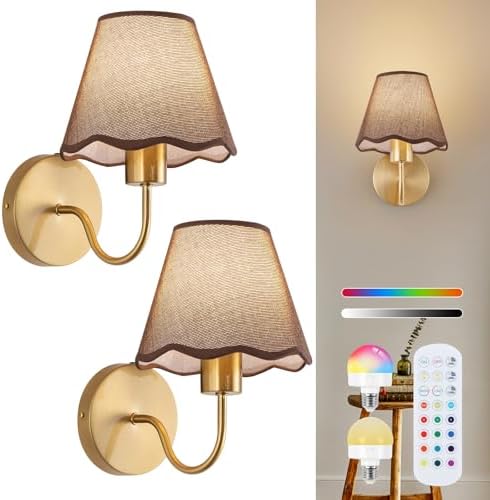 ADISUN Battery Operated Wall Sconce Set of 2, Gold Wall Lamps Rechargeable Bulbs for Living Room, Brown Rattan Shade, Wireless Wall Lights for Bedroom Living Room Hallway Kitchen(2 Bulbs Included) by ADISUN