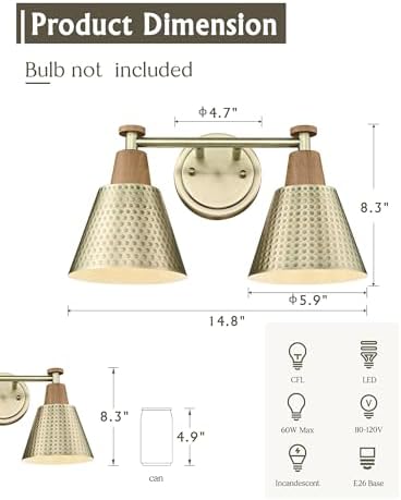 FEMILA 2 Light Bathroom Vanity Light Fixtures Over Mirror, Modern Brass Gold Bathroom Lighting Fixtures with Metal Shades, Woodgrain Finish, 4FG59B-2W BG-NW - Image 2