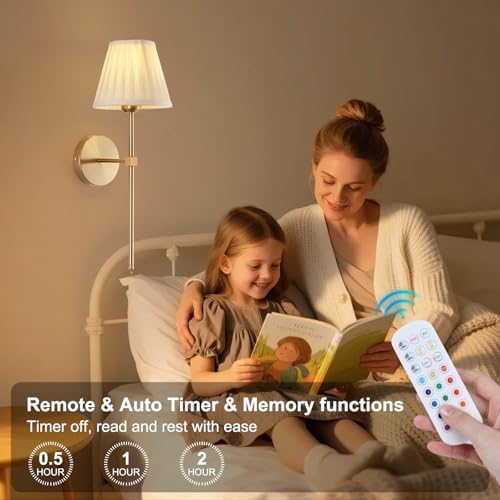 Cordless Battery Operated Wall Sconces Set of 2, Rechargeable Wall Sconce with Remote, Fabric Shade Wireless Wall Sconce Fixtures for Bedroom, Living Room, Bedside (2 Bulbs Included) - Image 6