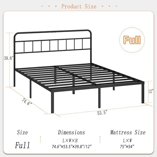 Kujielan 12 inches Full Size Bed Frame with Minimalist Headboard, Black - Image 2
