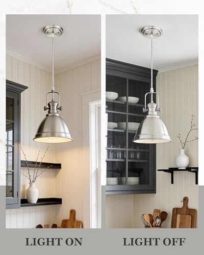 Pendant Lights Kitchen Island, 8" Farmhouse Hanging Lights Fixtures with Metal Shade, Rustic Kitchen Pendant Lighting Over Island for Dining Room, Brushed Nickel, AD-2151-1PM-SN - Image 5