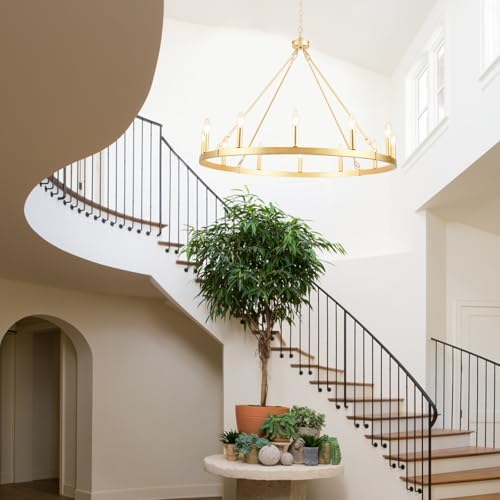 Gold Wagon Wheel Chandelier for Dining Room Light Fixture 12Light Gold Chandelier for Foyer 38inch 27-86" Height Adjustable Pendant Light for Flat Sloped Ceilings Dining Room Kitchen Island Entryway - Image 5