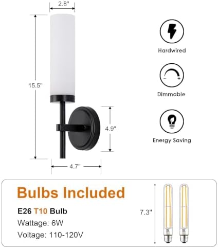 Black Bathroom Wall Sconces Set of 2, Modern Sconces Wall Lighting Vanity Lights with Opal White Glass Shade, Farmhouse Wall Mount Lamp for Mirror Living Room Bedroom Hallway Kitchen Stairs - Image 4