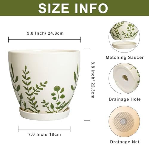 MPotTo 10 Inch Plant Pot - Ceramic Planter for Indoor Outdoor Flowers, Decorative Round Indoor Flower Pot with Drainage Hole and Saucer, Plant Lover Gifts, Garden Patio Home Office Decor, White - Image 2