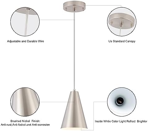 Brushed Nickel Pendant Lights Kitchen Island,Dining Room Light Fixtures Over Table 3 Pack with Silver Cone Metal Shade, Modern Farmhouse Small Chandeliers,Adjustable Cord Hanging Lighting for Sink - Image 5