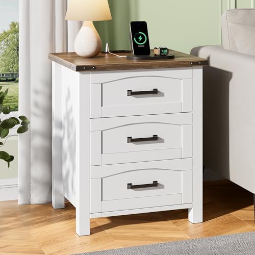 Decofy Farmhouse Nightstand with Charging Station, 3 Drawers by Decofy