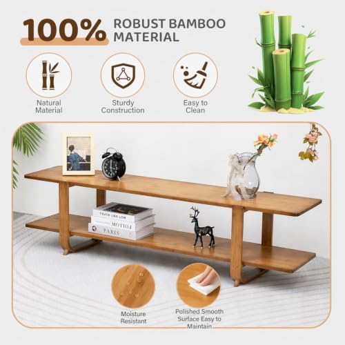HollyHOME Bamboo TV Stand with Storage for TVs up to 65'', Modern Entertainment Center with 2 Open Shelf, Accent TV Media Console Table for Living Room, Bedroom, 55"(L), Walnut - Image 5