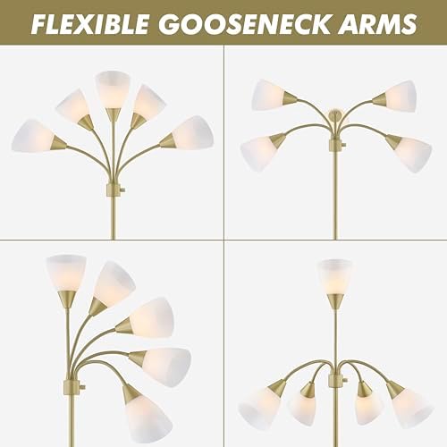 Medusa Modern Decor Floor Lamp, Multi Head Adjustable Gooseneck Bright Light Lamps for Reading, White Shades Tall Standing Tree Floor Lamps for Living Room Bedroom Office Kids Classroom, Gold - Image 4