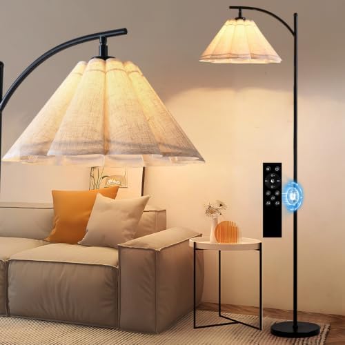 Floor Lamp with Pleated Linen Lampshade, Modern Flower Floor Lamp for Living Room Arc Standing Lamp, Gold Tall Lamp for Bedroom Office Dining Room, E26 Bulb Included (Remote- Black + Black) by Unknown