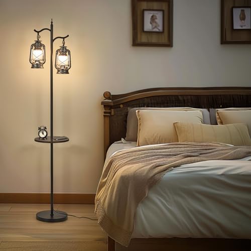 Farmhouse Floor lamp with Table, Double Head Vintage Floor Lantern, Standing lamp for Living Room，Bedroom, Rustic Floor Lamp with Silver Finish - Image 4