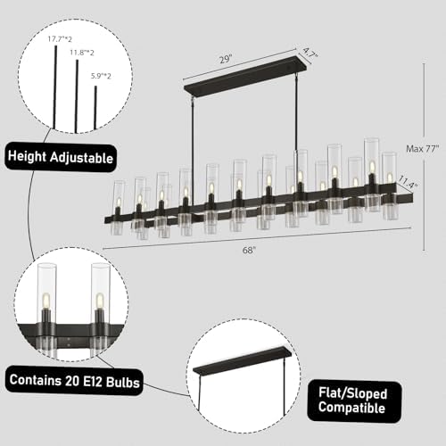 Black Linear Chandeliers for Dining Room, 68" Rectangle Chandelier with Glass, 20-Light Dining Room Chandeliers Over Table, Bronze Chandelier for Kitchen Island, Modern Pendant Light(Bulbs Included) - Image 4