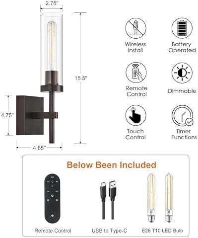 SANTOSTOCK Oil Rubbed Bronze Battery Operated Wall Sconces with Remote Control, Wireless Wall Sconce Set of 2, Rechargeable Cordless Wall Lights for Living Room Bathroom Hallway Entryway Stairwell - Image 5