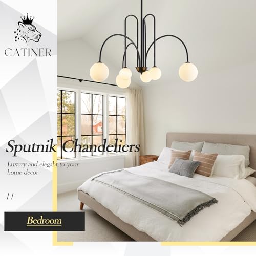 CATINER Modern 40" 6-Light Black Sputnik Chandelier with Milk Glass Globe - Image 4