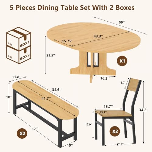 Einhomn 59" Extendable Round Dining Table Set for 4-6, 5-Piece Kitchen & Dining Room Table with 2 Chairs & 2 Benches, Wood Oval Dinner Table with Heavy Duty Pedestal Base, for Small Spaces, Oak - Image 2