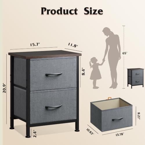 WLIVE Nightstand, 2 Drawer Dresser for Bedroom, Small Dresser with 2 Drawers, Bedside Furniture, Night Stand, End Table with Fabric Bins for Bedroom, Closet, Entryway, College Dorm, Dark Grey - Image 3