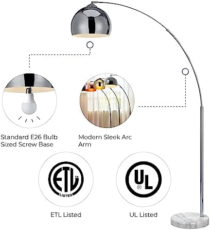 Teamson Home Arquer 68.1" Arc Floor Lamp for Living Rooms, Home Offices, Dining Rooms, Bedrooms with Faux White Marble Base and Chrome Bell Shade - Image 6