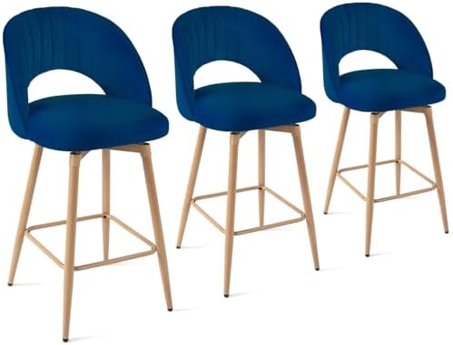 Swivel Bar Stools Set of 3, Counter Height Barstools for Kitchen Island, 26" Seat Height Bar Chairs for Dining Room, Upholstered Bar Stool with Back and Footrest, Blue - Image 7