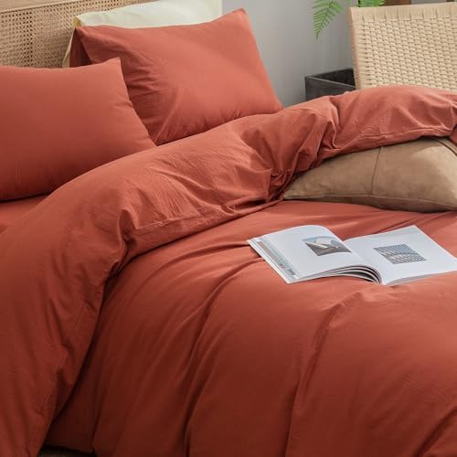BESTOUCH Cotton Solid Duvet Cover Set Burnt Brick Red Oversized Full - Image 2