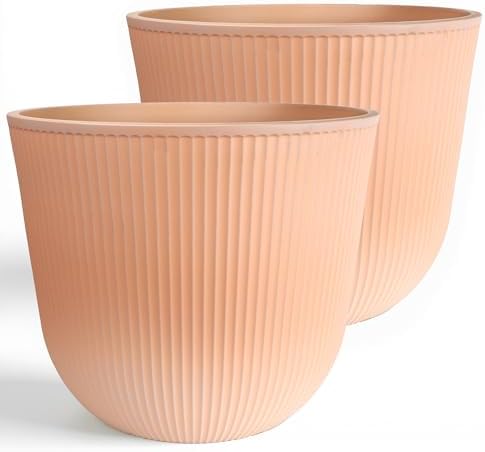 Worth Garden Round Large Planter Pot Set of 2, 17.5" Dia x 15.5" H - Durable Plastic Terracotta Plant Tree Pots with Vertical Stripe Textured Finish, Drainage Hole for Indoor Outdoor Front Porch Patio by WORTH