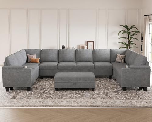 Belffin Oversized U Shaped Modular Sectional Couches for Living Room 10 Seater Modular Sofa Set with Storage Ottoman Large Sectional Couch with Cup Holder. Light Grey Sofa by Belffin