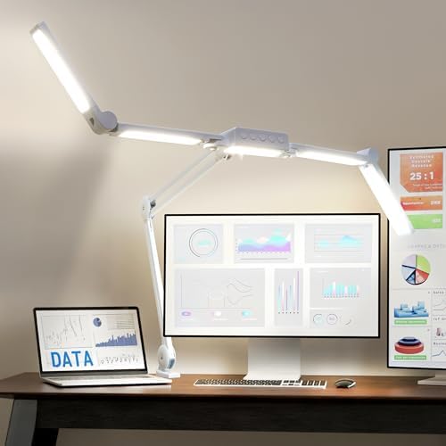 Neatfi Pro LED Desk Lamp | 3,000 Lumens | Dimmable | 360 SMD LEDs, 30W, CRI 95 | Adjustable Light Modes | Task Lamp for Home Office, Study, Workstation (White, 44-Inch, CCT with Clamp) by Neatfi