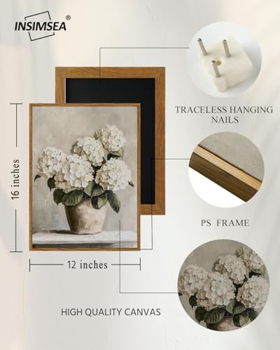 InSimSea Framed Canvas Wall Art Vintage Decor, Hydrangea Floral Pictures Bathroom Wall Decor Aesthetic, Living Room Bedroom Flower Home Retro Decorations, 12x16inch - Image 3