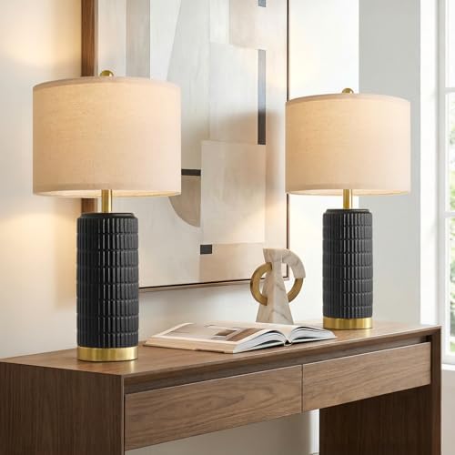 PoKat 25'' Black Ceramic Table Lamps Set of 2 with Gold Base for Bedroom Living Room, Farmhouse Matte-Textured Bedside Lamps for Nightstand Sideboard End Table with Stone-Like Design (Matte Black) by Pokat