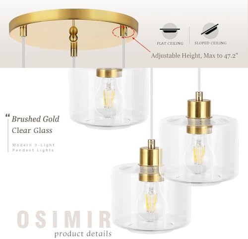 Brushed Gold Dining Room Chandelier Light Fixture, 3-Light Pendant Lighting with Clear Glass, Modern Kitchen Island Cluster Hanging Pendant Lights for Kitchen Dining Room, OS-YQ8153-3BGC - Image 2