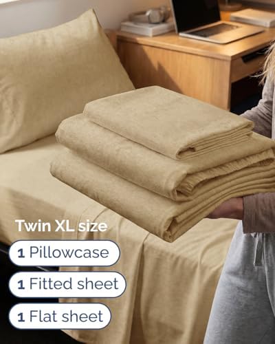 Twin XL 3 Piece Sheet Set - College Dorm Room Essentials - Heathered Tan - Image 3