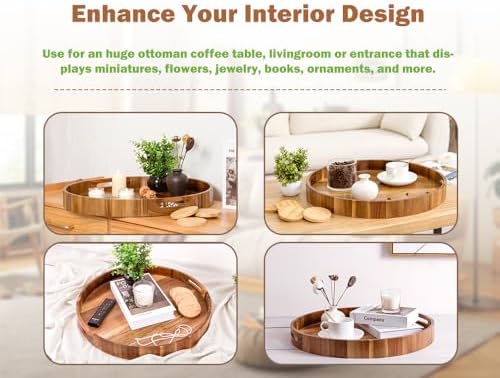 Extra Large Round Ottoman Coffee Table Tray, 22" Big Kitchen Serving Trays for Huge Ottoman Counter Giant Decorative Organizer, Huge Wood Serveware Tray with Built-in Handle for Big Job - Image 7