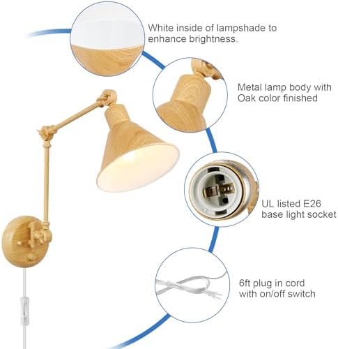 TRLIFE Wall Sconce Plug in, Dimmable Wall Sconce with Switch Swing Arm Wall Lights Plug in Wall Light Wall Sconces Lighting with 6FT Plug in Cord, E26 Base(1 Pack, Oak Color) - Image 4