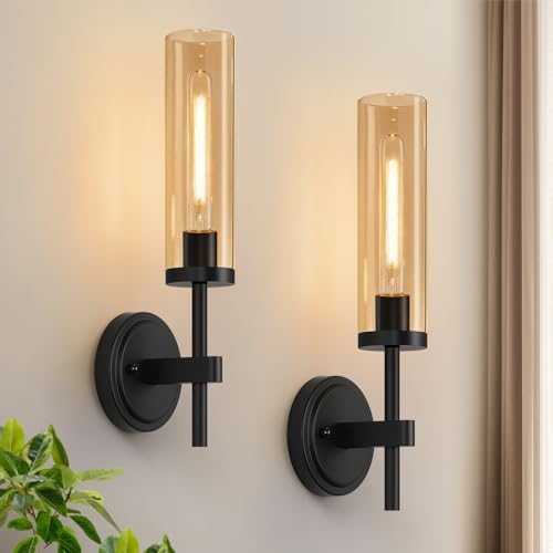 MOKATNG Hardwired Wall Sconces Set of Two, Matte Black Bathroom Sconces with Amber Glass, Modern Wall Light Fixtures for Bathroom Mirror Vanity, Living Room, Hallway, Stairway, Cabinet, Foyer by Bathroomlightfixtures