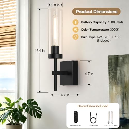 Wireless Battery Operated Wall Sconces with Remote Control, 10000mAh Wall Sconce Set of 2, Black Rechargeable Dimmable Wall Lamps for Bedroom Living Room Bathroom Hallway Stairwell, 3000K - Image 7
