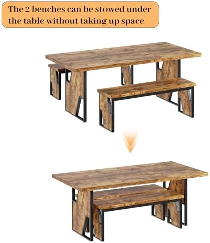 HIPIHOM 70.8" Wooden Dining Table with 2 Benches Kitchen Table and Chairs - Image 6