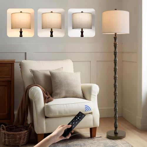 BOBOMOMO 62" Rustic Farmhouse Floor Lamp Dark Brown with Remote & Dimmable 9W Bulb, 3 Color Temperatures Resin Standing Lamp, Retro Tall Lamp for Living Room, Bedroom, Nursery, Office, Reading Nook by BOBOMOMO