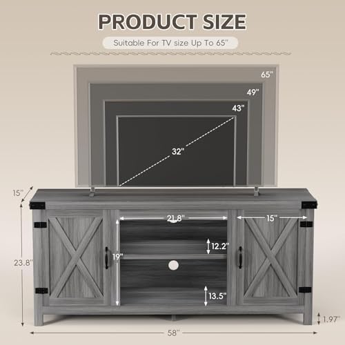 YESHOMY Modern Farmhouse TV Stand with BarnDoor for 65" TV,Gray Wash&Rustic - Image 2