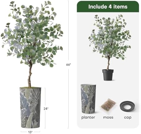 Artificial Tree in Modern Planter, Fake Eucalyptus Silk Tree for Indoor and Outdoor Home Decoration - 66" Overall Tall (Plant Pot Plus Tree) - Image 3