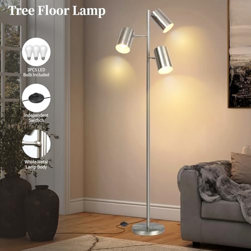 Tree Floor Lamp with 3 Light Bulbs,Nickel Standing Tall Pole Lamp with 3 Adjustable Rotating Lights,Farmhouse Floor Lamp for Living Room Bedroom Office,Vintage Standing Lamp 9W E26 LED Bulbs Included. - Image 5
