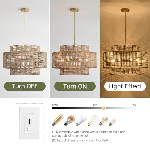24" Rattan Chandelier for Dining Room, Large Boho Pendant Light - Image 4