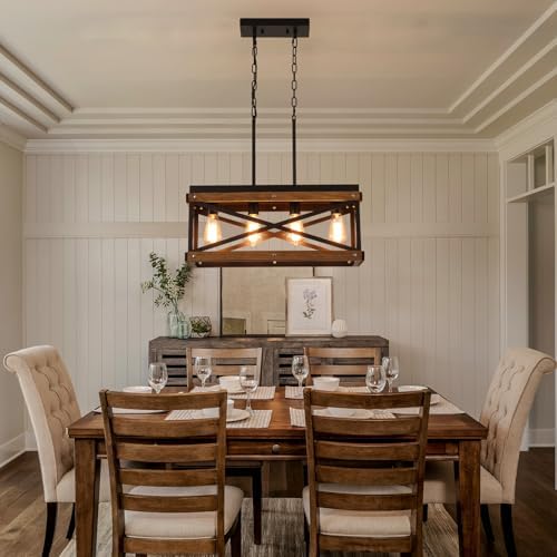 Rustic Farmhouse Wood Kitchen Island Lighting, 4 Lights Rectangular Pendant Light Fixture, Adjustable Chain Oak Wood and Metal Linear Chandelier for Dining Room Kitchen Island Farmhouse, Black - Image 2