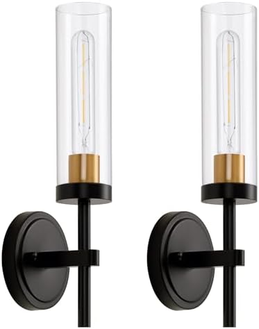 Hardwired Wall Sconces Set of Two, Bathroom Vanity Sconces Wall Lighting with Clear Glass Shade, Black and Gold Modern Farmhouse Wall Mount Lights for Mirror Bedroom Living Room Hallway Entryway by SANTOSTOCK