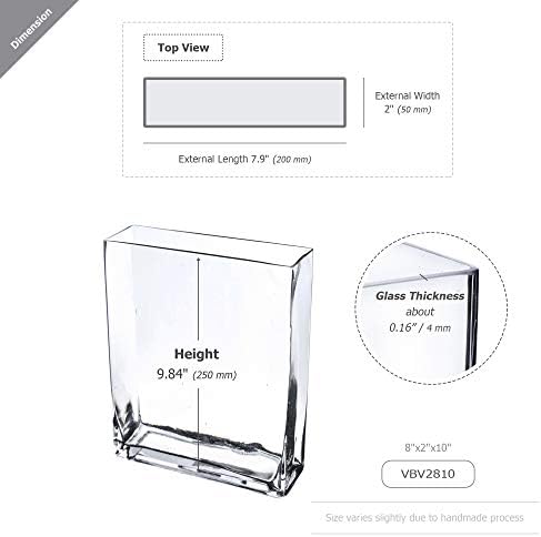 WGV Tall Rectangle Block Vase, Width 2", Length 8", Height 10", Clear Glass Floral Container Wedding Party Event Home Office Decor, 1 Piece - Image 2