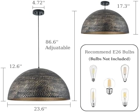Lingkai 23.6 in. Black and Gold Hammered Pendant Light Fixtures, Industrial Metal Dome Shade, Pendant Lights Kitchen Island, Pendant Light for Kitchen Island and Dining Room - Image 2