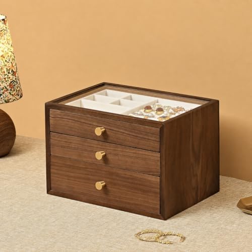 Black Walnut Jewelry Box for Women, 3 Layer Wooden Organizer with Glass Lid - Image 2